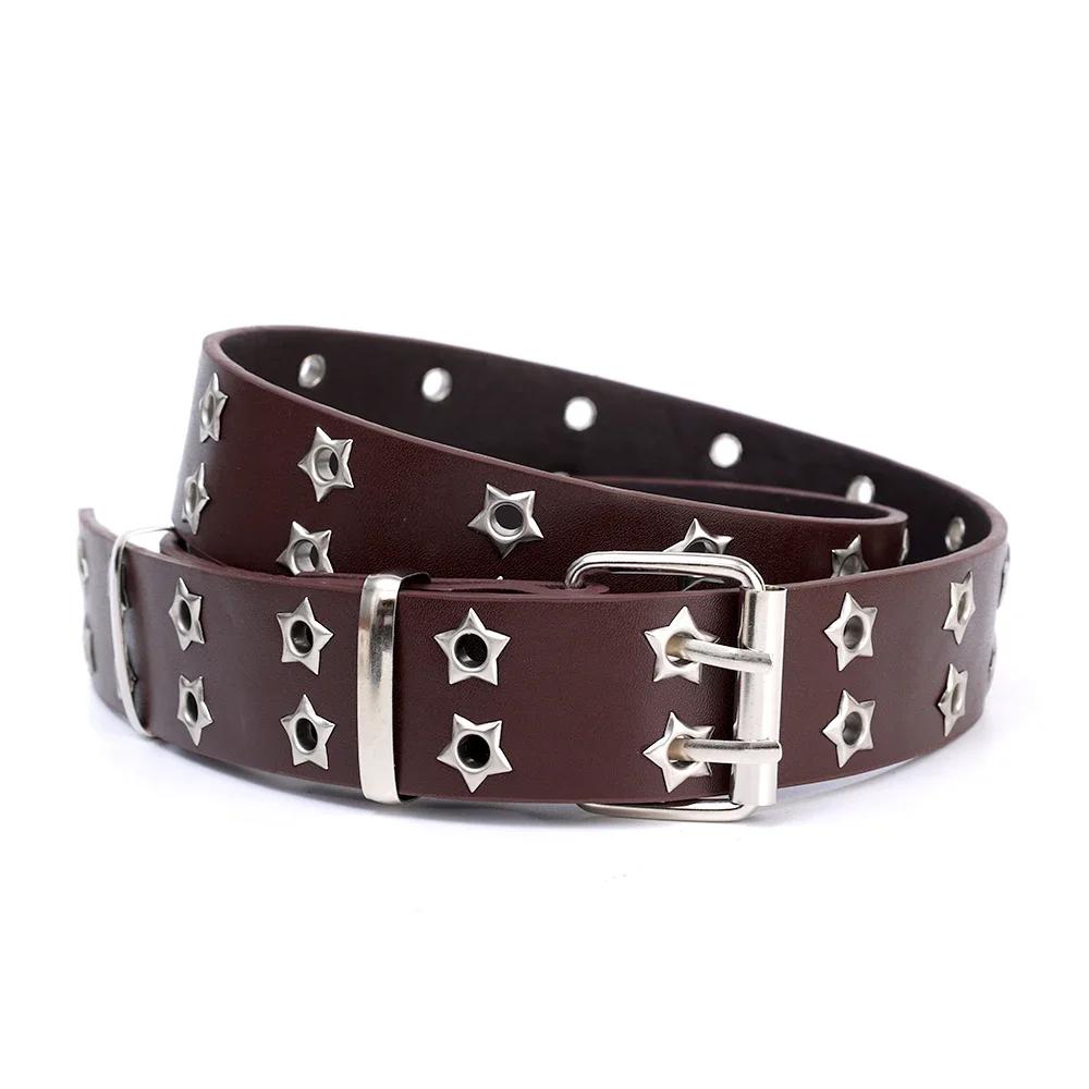 

Y2K Punk Rivet Leather Belts Women Men Star PU Black White Waist Strap Double Row Hollow Trendy Waistband Jeans Skirt Decoration коричневий