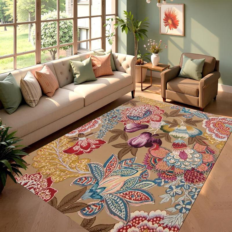 Vintage Floral Pattern Area Rug Plants Flowers Artistic Home Decor Carpet Soft Non-Slip Floor Mat for Living Room Bedroom