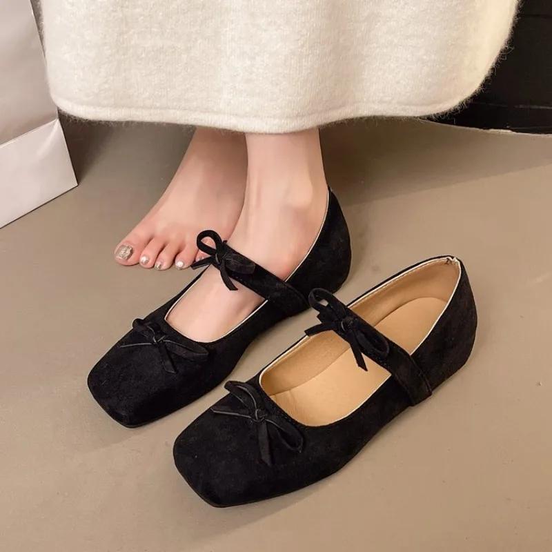 Damen Innenerhöhende Einzelne Schuhe Frühling Quadratische Zehenpartie Flacher Mund Schmetterlingsknoten Fuß Weiche Sohlen Rutschfeste Flache Schuhe