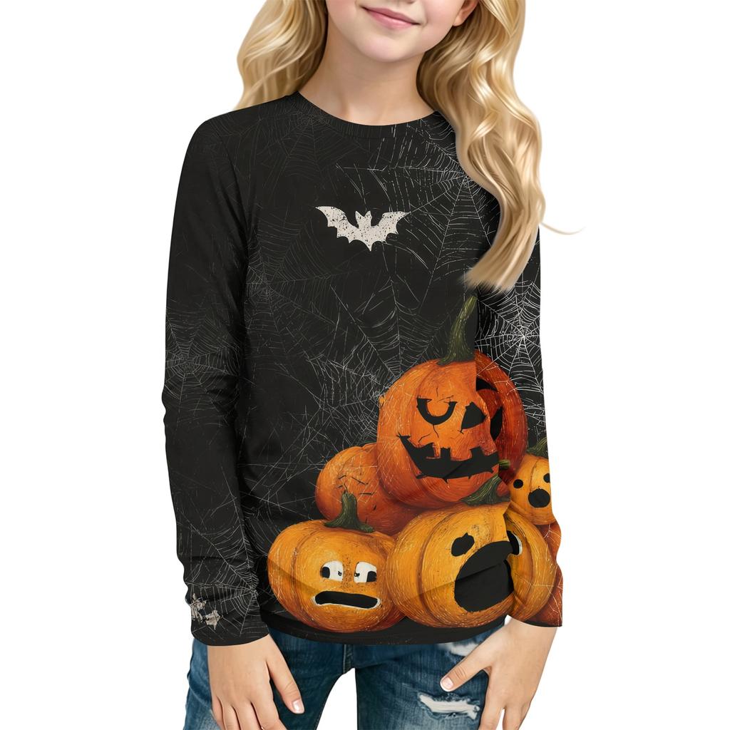 Kids Long Sleeve T-Shirt with Halloween Print, Round Neck, for Boys and Girls