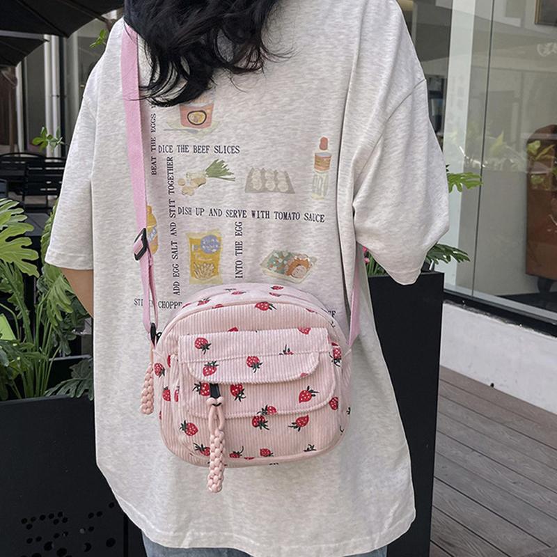 Cute Strawberry CorduroyShoulder Bag Casual Zipper Trendy Crossbody Bag Tote Handbag for Women Girls Travel Work Messenger Bag CLE