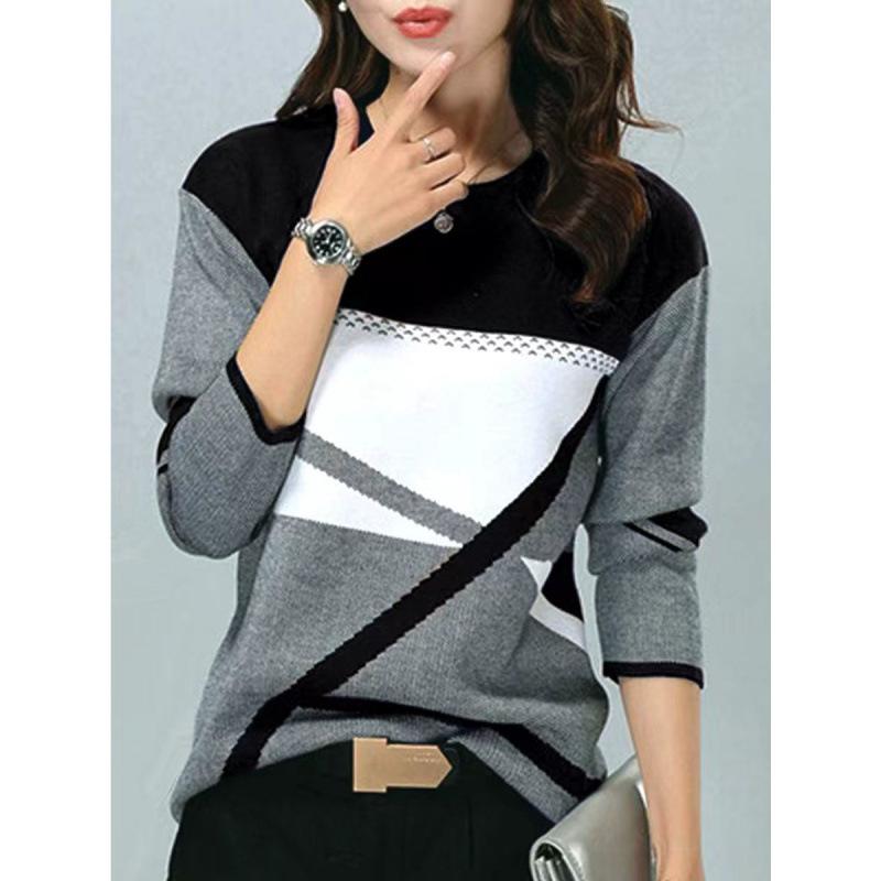 Women‘s Round Neck Long Sleeve Loose Fit T-Shirt Colorblock Print Plus Top