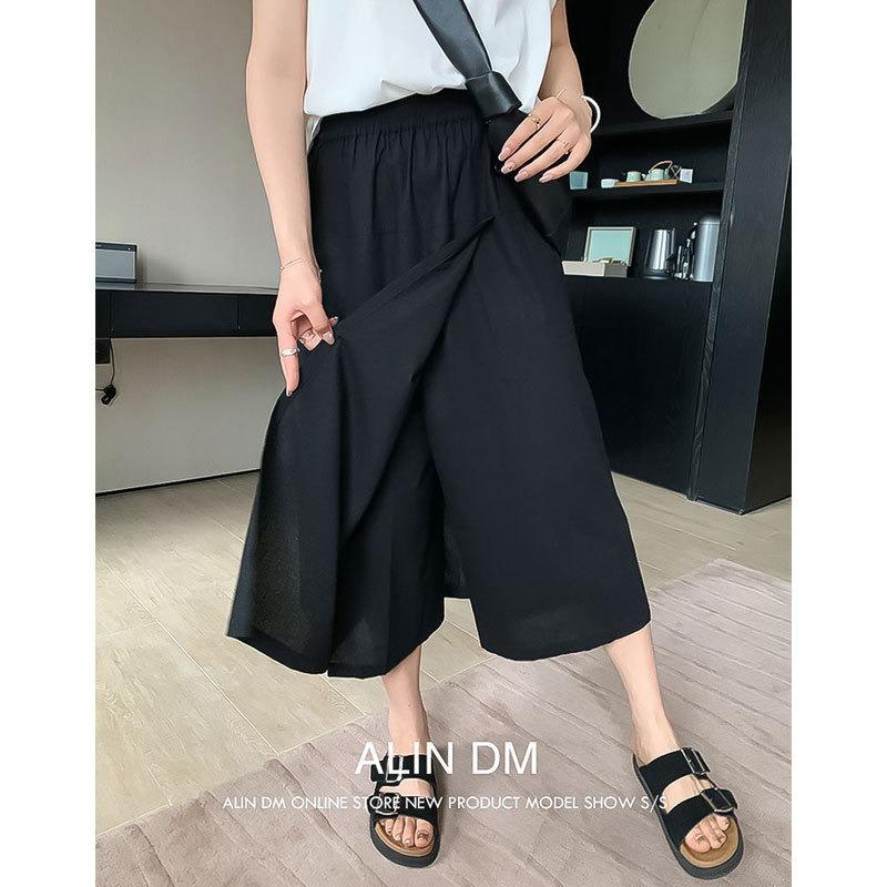 

Spring and summer thin large size high waist loose casual pants fat sister mm meat covering and thin wide leg overalls skirt M чёрный