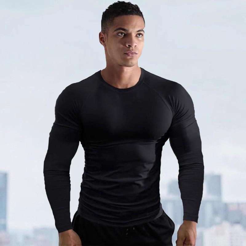 Fitness long-sleeve tight-fitting round-neck T-shirt for men, quick-dry training wear, muscle boy sports shapewear, stretchy T-shirt