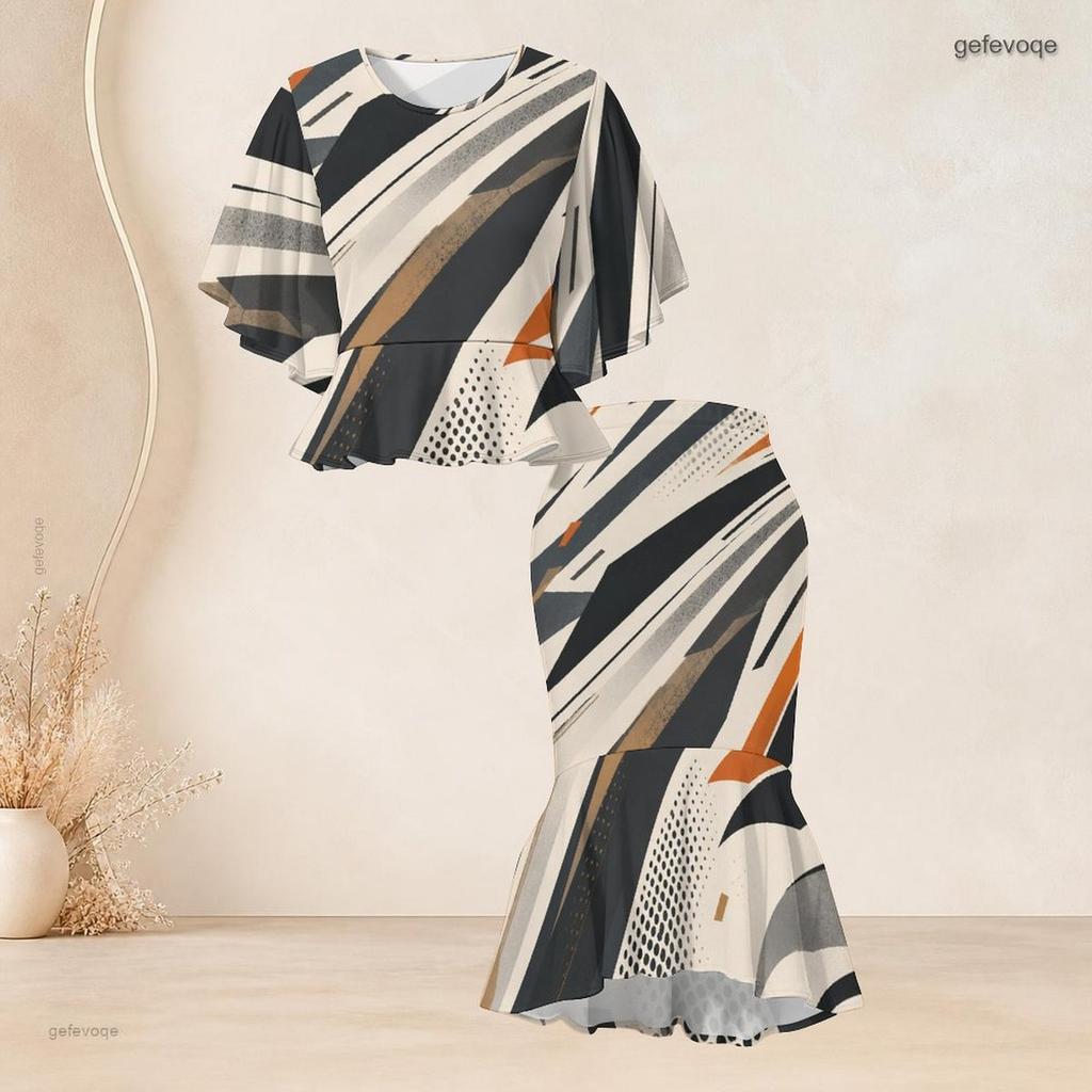 Women Plus Size Round Neck Batwing Sleeve Printed Ruffle Hem Top Fishtail Skirt Two Piece Set
