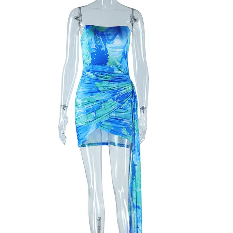 

Женское модное платье с воротником в одну линию, плиссированное платье без рукавов с принтом, платье со средней талией и бретелькой через шею, закрывающее бедра M синий