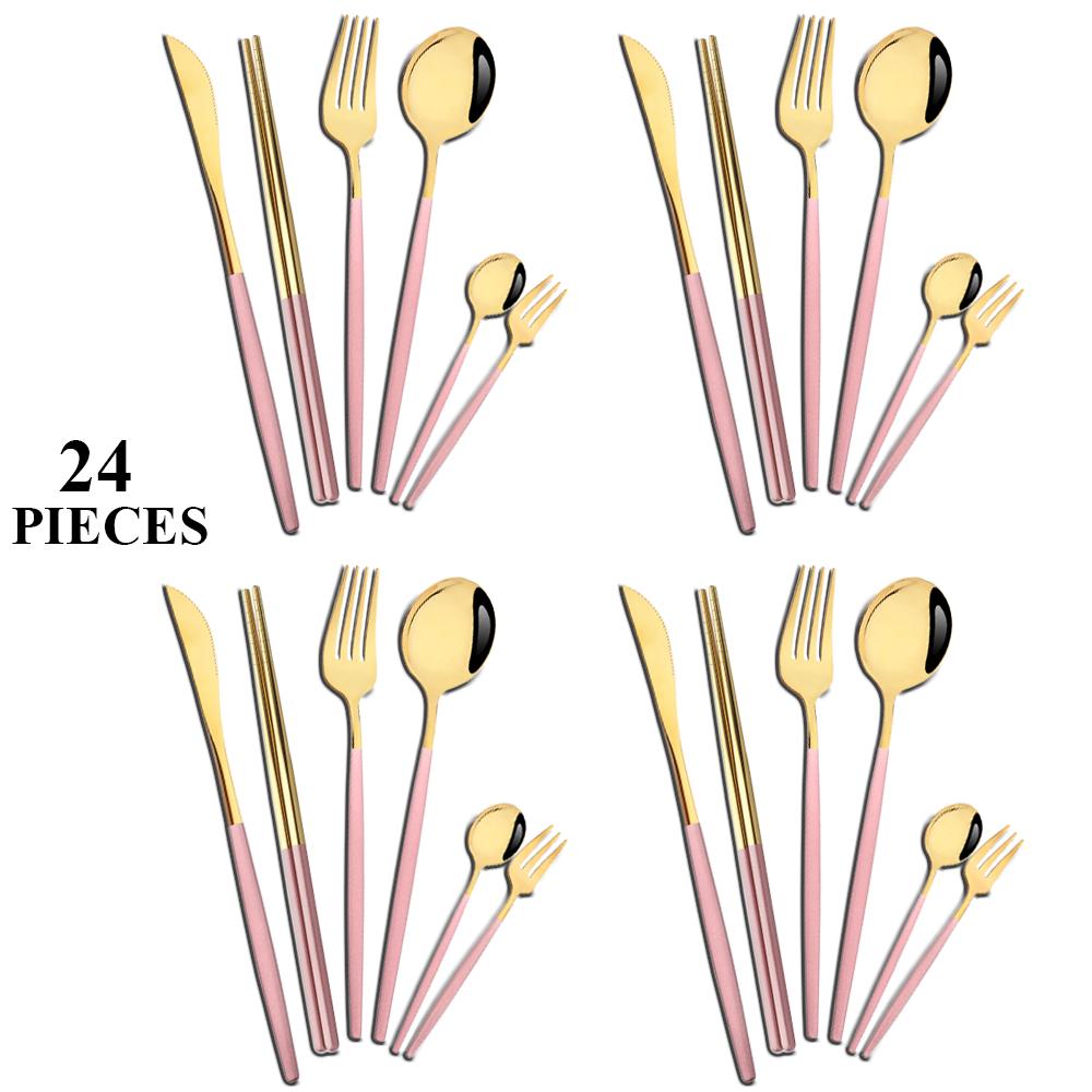 24Pcs White Gold Dinnerware Set Stainless Steel Tableware Knife Fork Spoons Teaspoon Chopsticks Cutlery Set Kitchen Flatware