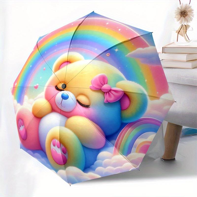 Teddy Bear,Rainbow Automatic Folding Umbrella  Simple 8 Rib Design, Bright Cartoon Pattern, Durable Iron Frame, Suitable For Travel, Outdoor