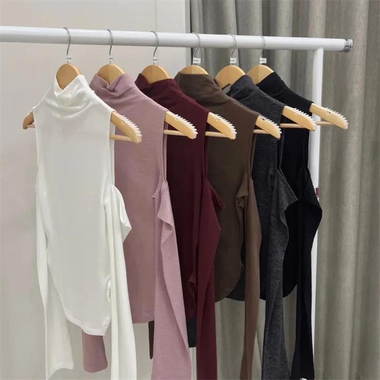 Korean High Neck Off-the-Shoulder Sheer Slimming Long Sleeve Curved Hem Women's Top