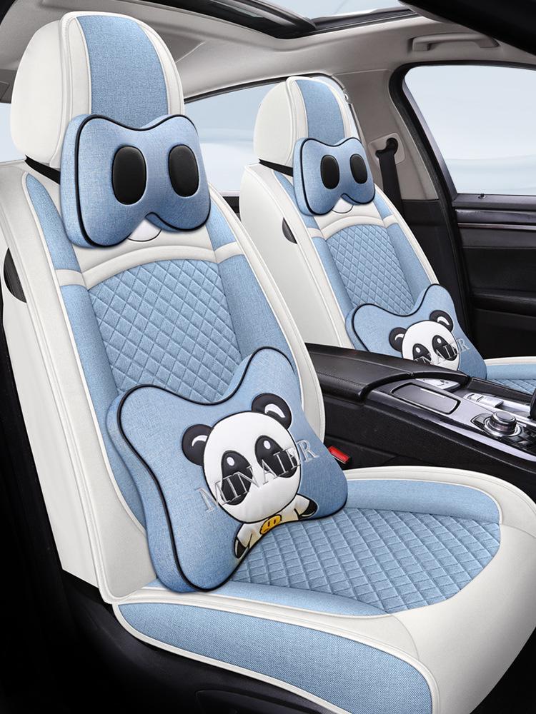 Universal Linen Cartoon Panda Car Seat Cushion Set for All-Season