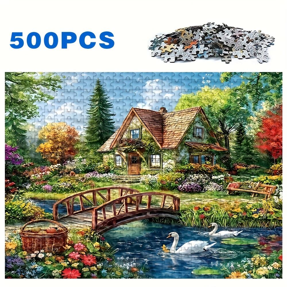 Idyllic Cottage Tapestry Wall Hanging, Countryside House With Swan Pond And Flower Garden, Wooden Bridge Landscape Home Decor