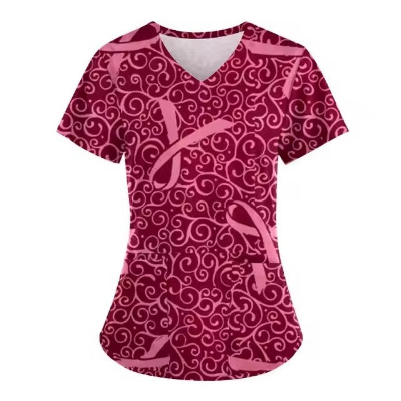 Scrubs Medicinsk Uniform Rosa Bandet Cancerkämpe Grafik Damuniformer V-ringad Kortärmad Toppar med Fickor Scrubs Damer