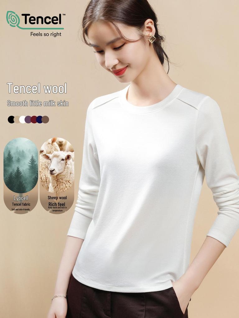 Women's Tencel Wool Slimming Base Layer Shirt - Round Neck, Long Sleeve, Spring/Winter Style, Skin-Friendly & Elastic Fit (2025).