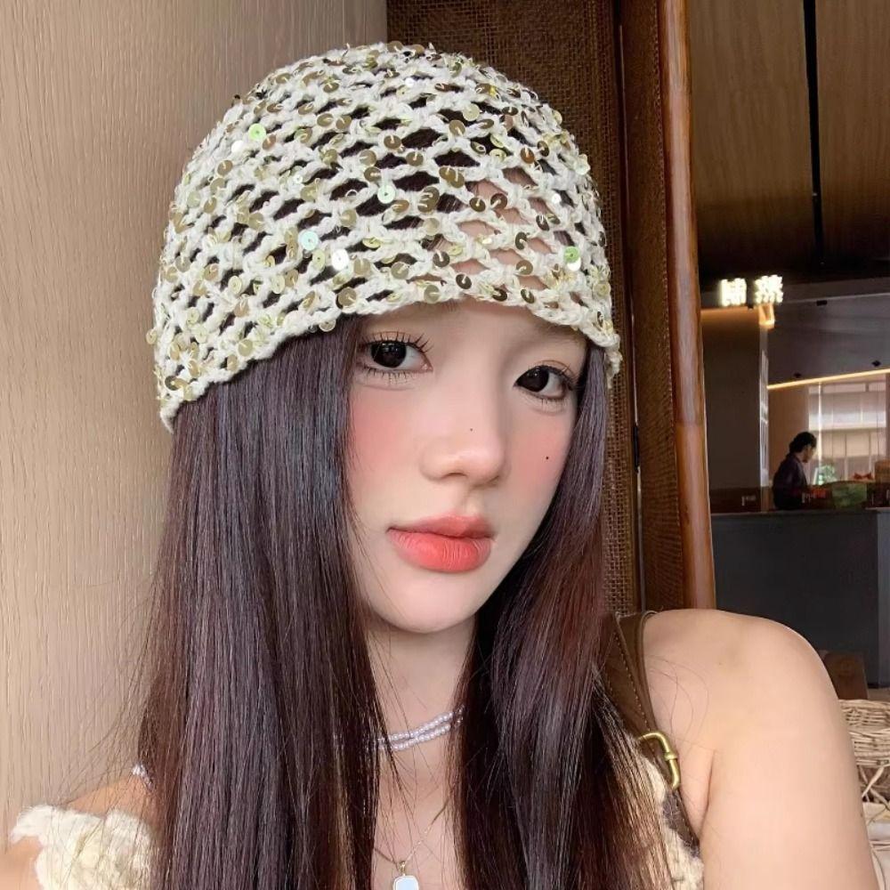 Retro Hollow Sequined Beanies Cap Korean Ear Protection Hat Fashion Knitted Hat For Women