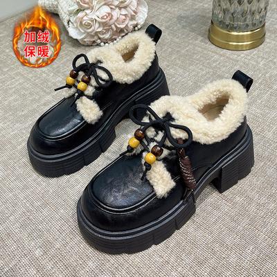 Cowhide Thick-soled Fluffy Women's New Winter Velvet Warm Cotton Shoes Heightening Small Leather Shoes