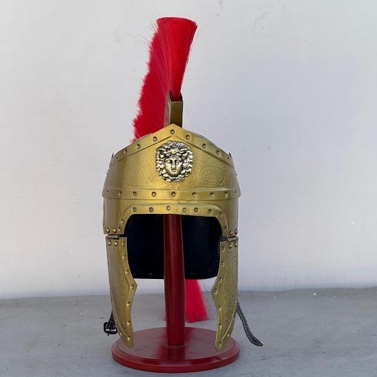 Engraved Roman Centurion Helmet with Red Plume, Display Stand