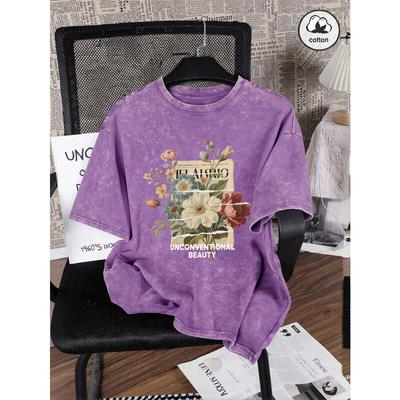 Stampa Floreale Bellezza Non Convenzionale Magliette Lavate Cotone Tutto-Abbinamento Maglietta Donna Y2K Vestiti Larghi Sportiva Manica Corta