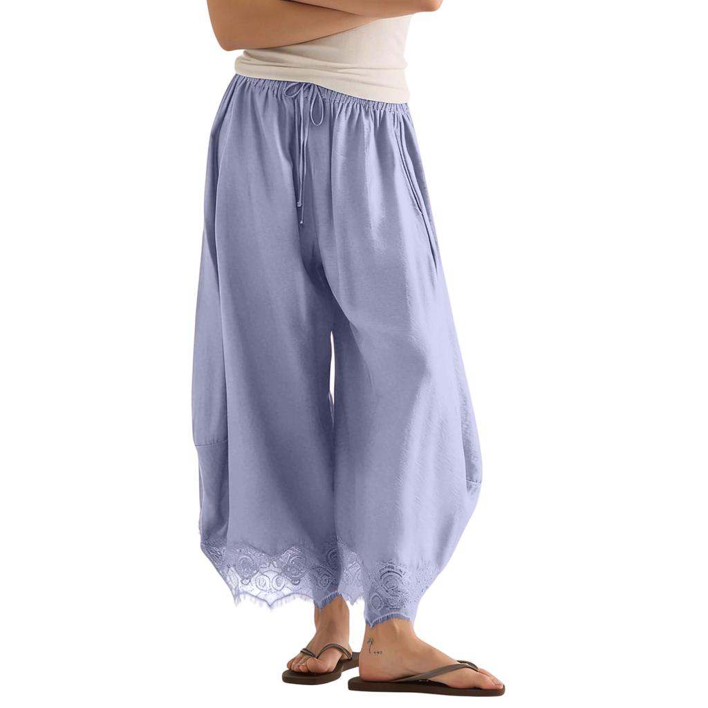 Women's Casual Wide Leg Pants Elastic Waistband Drawstring Bottom Hem Lace Trim Palazzo Trousers for Everyday Wear