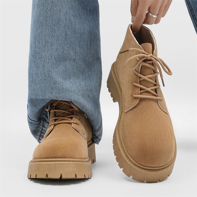 Fashion Mens High Top Derby Boots Chunky Platform Sole Big Round Toe Suede Leather Retro Vintage Work Shoes Anti-Slip Comfortable Autumn