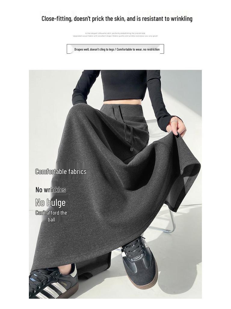 Women's Black Knit Skirt - 2026 Spring Arrival: Versatile Slimming Midi with Slit and Sticky Rice Hip Wrap.