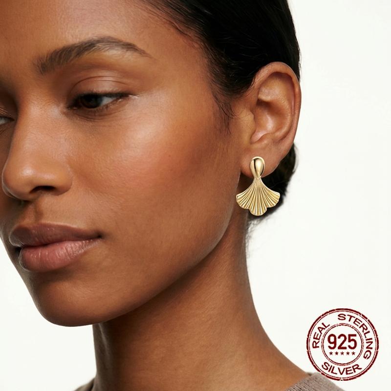 925 Sterling Silver Golden Ginkgo Leaf Drop Earrings Textured Shell Fan Ribbed Dangle Earrings Jewelry Gift for Women Girls
