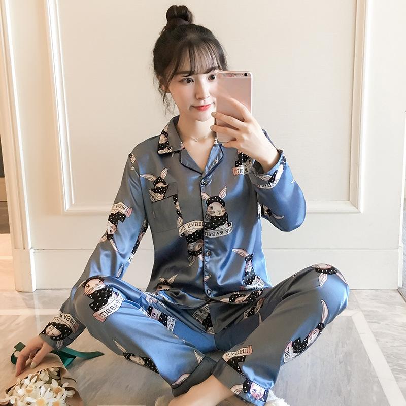 Pijama feminino de primavera e outono, manga comprida, fino, doce, verão, feminino, seda simulada, tamanho grande, conjunto de roupa de dormir solta