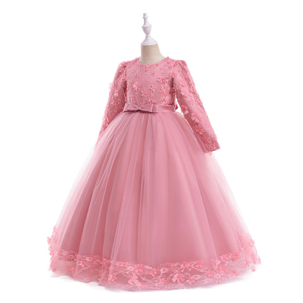 Flower Girl Princess Dress For Weddings Summer Kid Formal Bow Long Gown For School Evening Party Children New Year Cloth DZ752