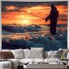 2D Coastal Fisherman At Sunset Tapestry, Ocean Waves Wall Art for Living Room