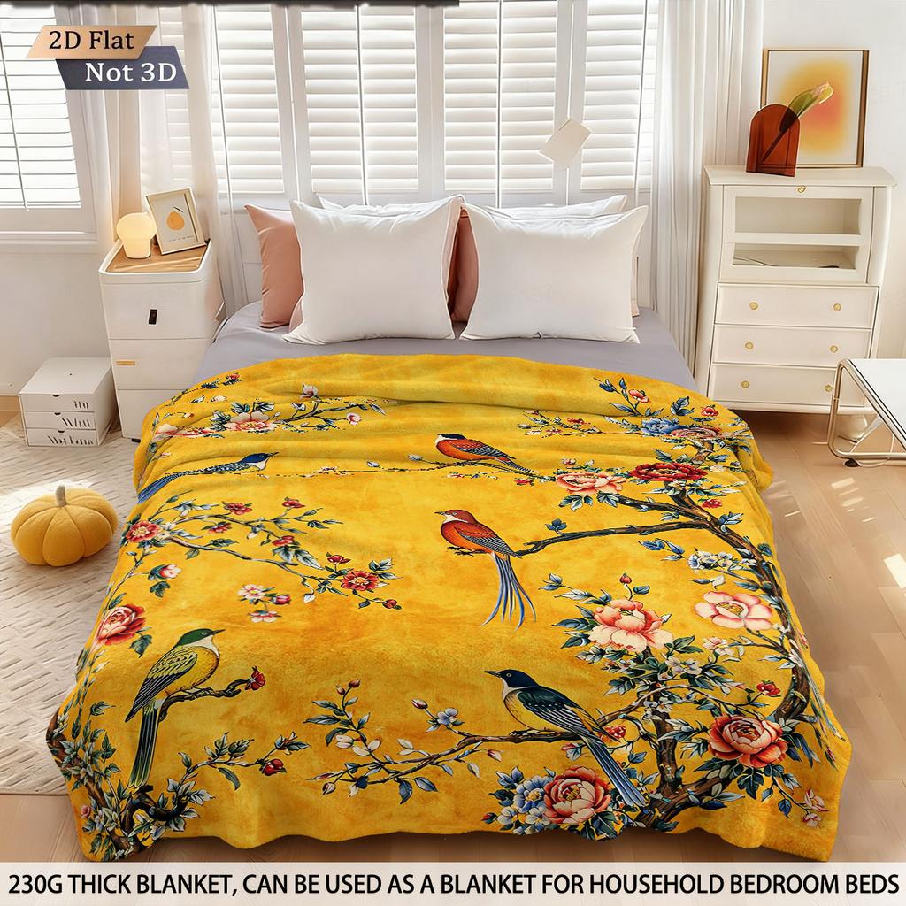 1Pc Chinese Style Flower Bird Print Flannel Blanket Multi Size Living Room Sofa Nap And Leisure Blanket Soft Machine Washable