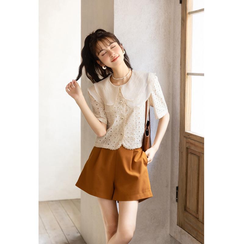 

Женская рубашка Mishow, летняя блузка в корейском стиле с воротником Питера Пэна и круглым вырезом, специальный дизайн Versatitle, блузка с вырезами и оборками, женская одежда MXB29C0520