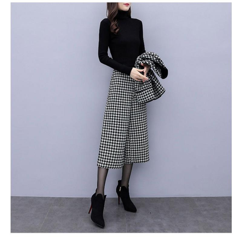 IHUASU Women's Autumn and Winter Two-piece Suit Pants, Checkered Woolen Coat, Wide-leg Pants, Casual and Fashionable Women's Set