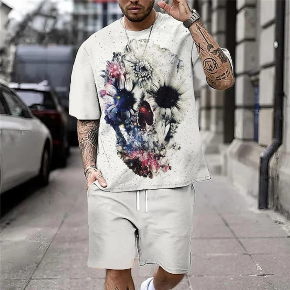 Summer New Casual Men's Skull Print T-Shirt Set Fashion Streetwear Tees Loose Oversized Breathable Soft Short Sleeves And Shorts