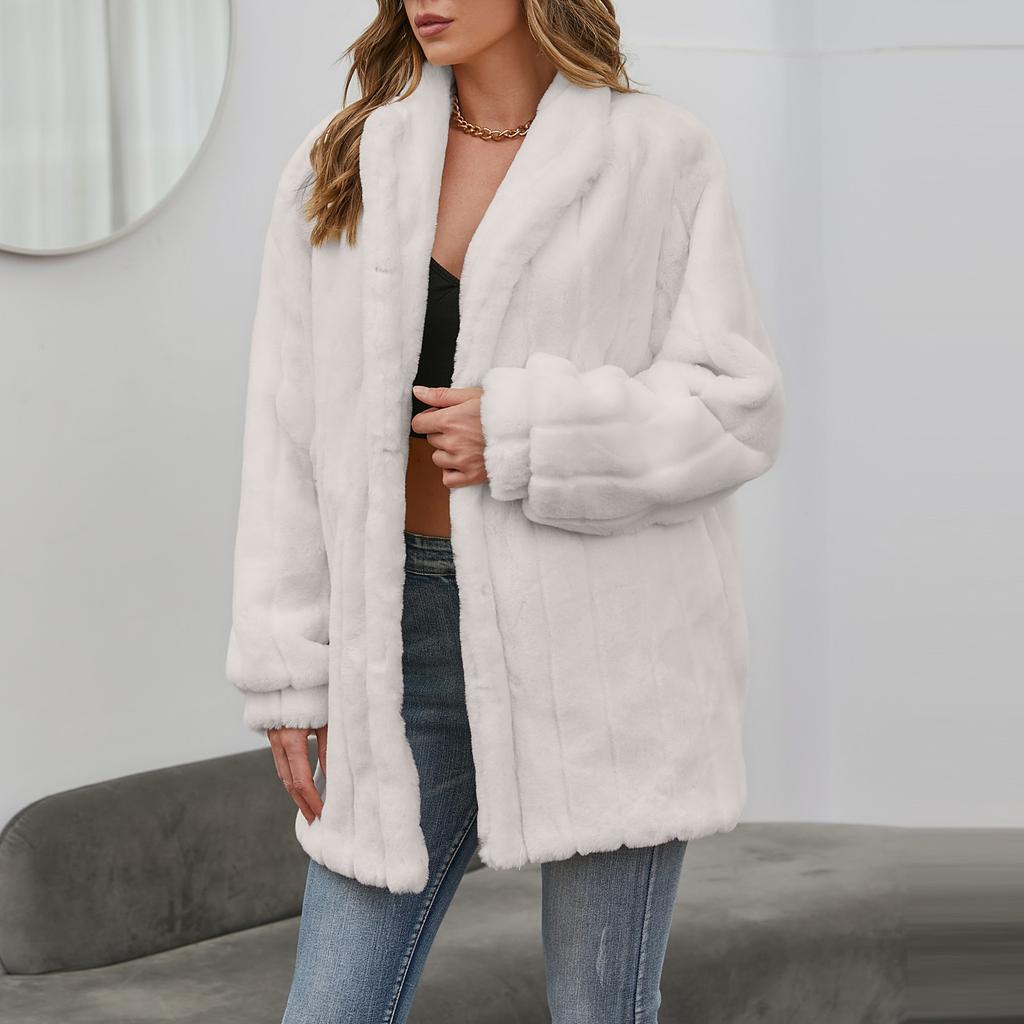 Damen-Herbst/Winter-Mode, einfarbig, lockerer Fleece-Mantel in mittlerer Länge, warmer Fleece-Mantel