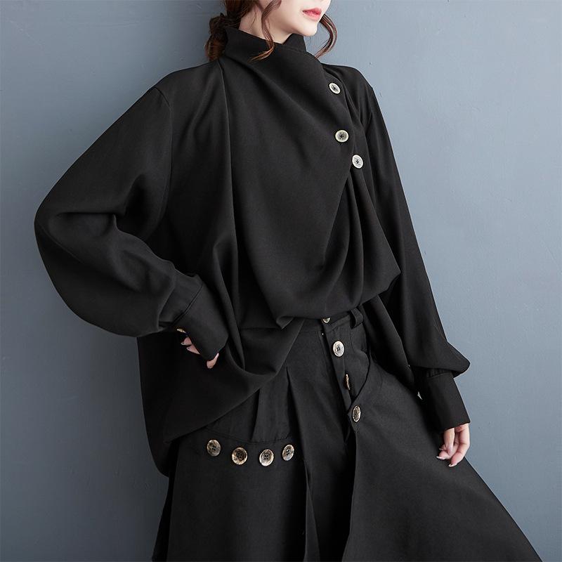 Dark Style Ruffle Neck Long Sleeve Casual Shirt