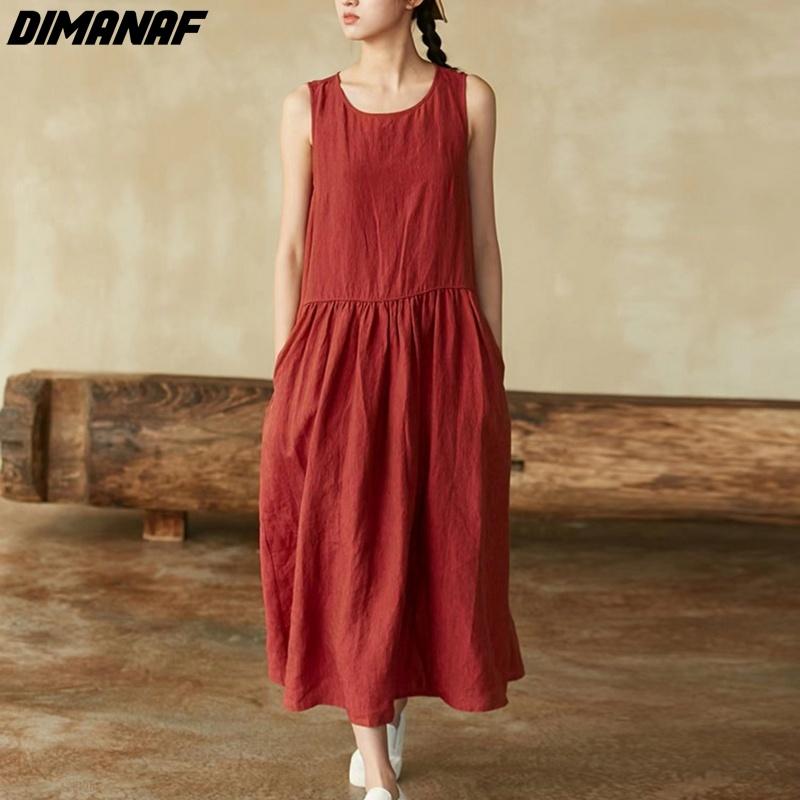 

Dimanaf Женское платье больших размеров, новинка 2024 года, летнее однотонное льняное свободное пляжное платье без рукавов, тонкие длинные платья L красный