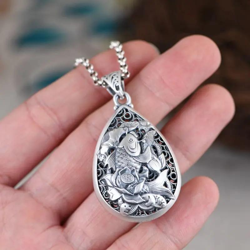 Classic New In Vintage   National Style Engraved Lotus Flower Droplet Drop Pendant Necklace Keel Chain Charm Jewelry
