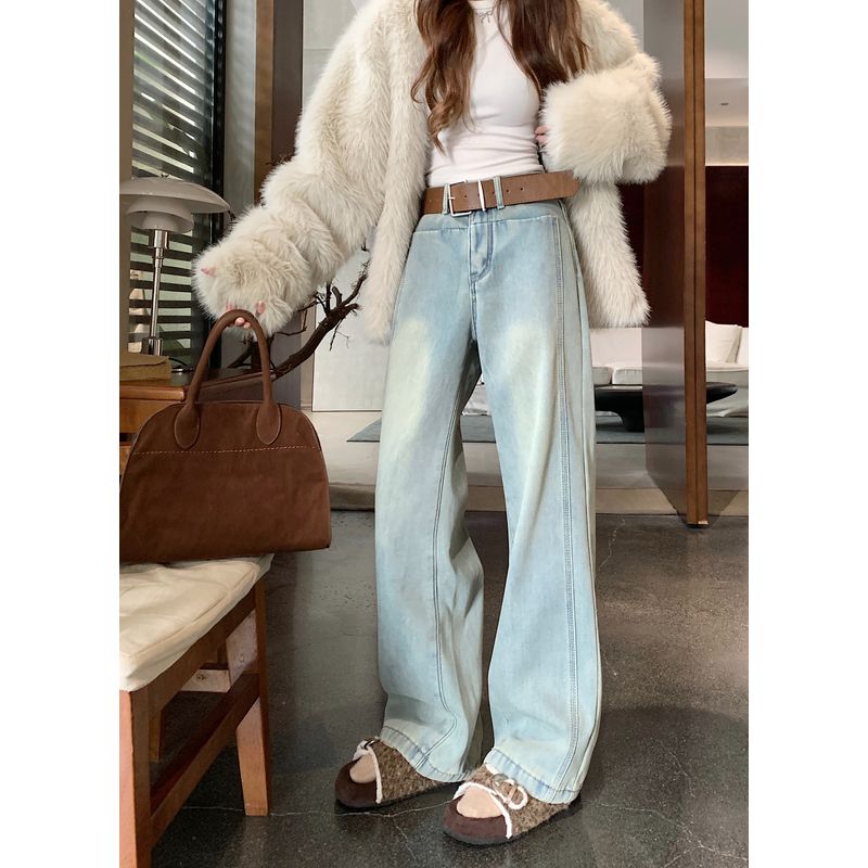 

Kumikumi Retro Distressed Blue Jeans Bootcut Trousers Women clothes Autumn High Waist All-Match Wide Leg Pants Mopping Pants Blue L