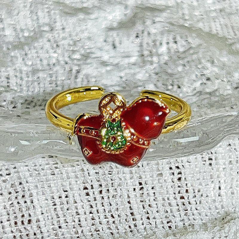Red Yellow Enamel Zircon Inlaid Open Ring New Chinese Guochao Style Niche Personality Adjustable Ring Trend Decorative Jewelry