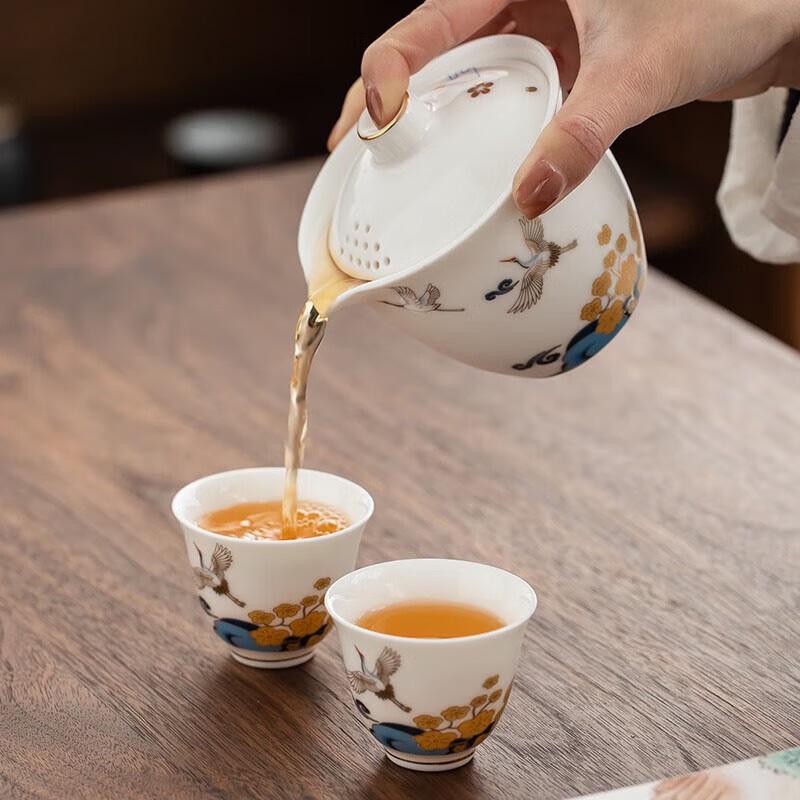 Portable Ceramic Kung Fu Tea Set - Floral Crane Design