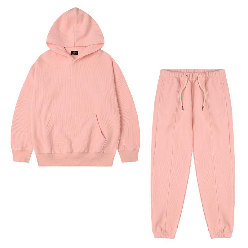Kinder Hoodie Set 320G Waffelstrick Dick Einfarbig Jungen Mädchen Freizeit Sportbekleidung Zweiteiliges Outfit