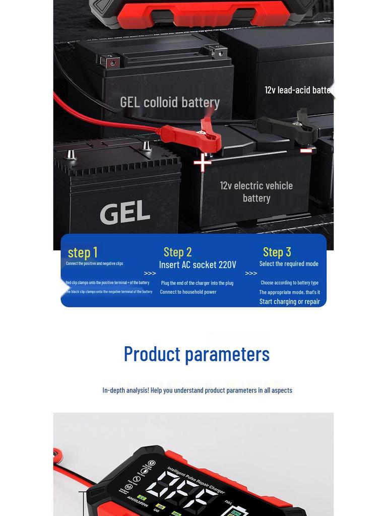 12V 6A Car & Motorcycle Lead-Acid Battery Charger & Repair Device