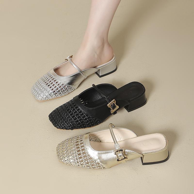 Wear Half Slippers 2025 New Hollow Bag Head Hollow Breathable Low Heel Inner Height Increase Woven Women's Summer High Heel Sandals
