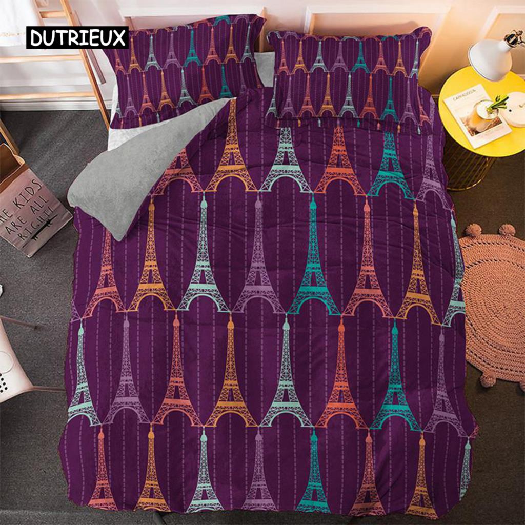 Eiffel Tower Duvet Cover Set Microfiber Paris Theme World Famous Architecture I Love Paris Pattern Bedding Set for Girls Woman