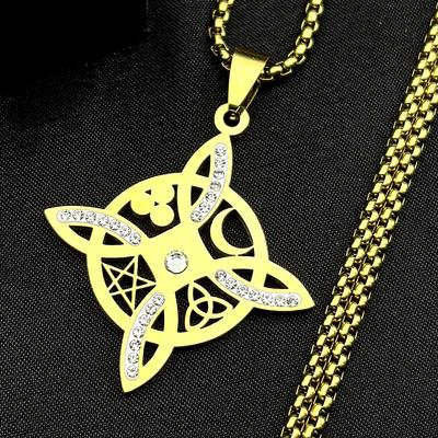Wicca Witch Celtic Knot Pentagram Sun Moon Necklace for Women Men Stainless Steel Rhinestones Witchcraft Amulet Chain Jewelry