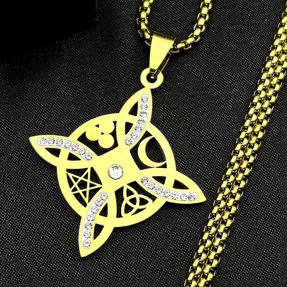 Collana Wicca Strega Nodo Celtico Pentagramma Sole Luna per Donne Uomini Acciaio Inossidabile Strass Amuleti Stregoneria Gioielli a Catena
