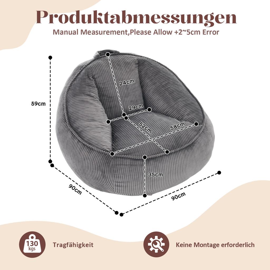 Sitzsack, Sitzsack für Erwachsene und Kinder, für Wohnzimmer, Schlafzimmer, Spielzimmer, Büro - Mittel (Hellgrau)