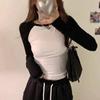American-Style Spicy Girl Style Raglan Long-Sleeve T-Shirt for Women, Spring and Autumn, Pure Cotton, Slim Fit, High-Waisted, Color-Blocking Inner Top