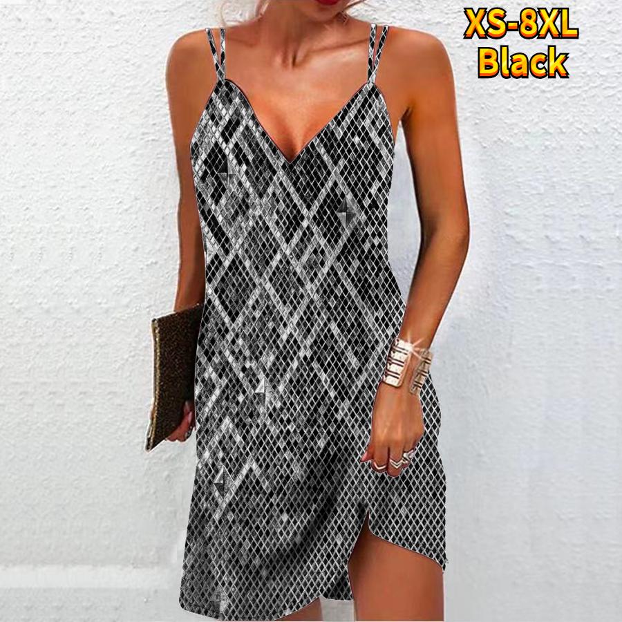 Moda feminina sexy 3d preto lantejoulas diamante grade impressão vestido sem alças solto vestido de camisola com decote em v