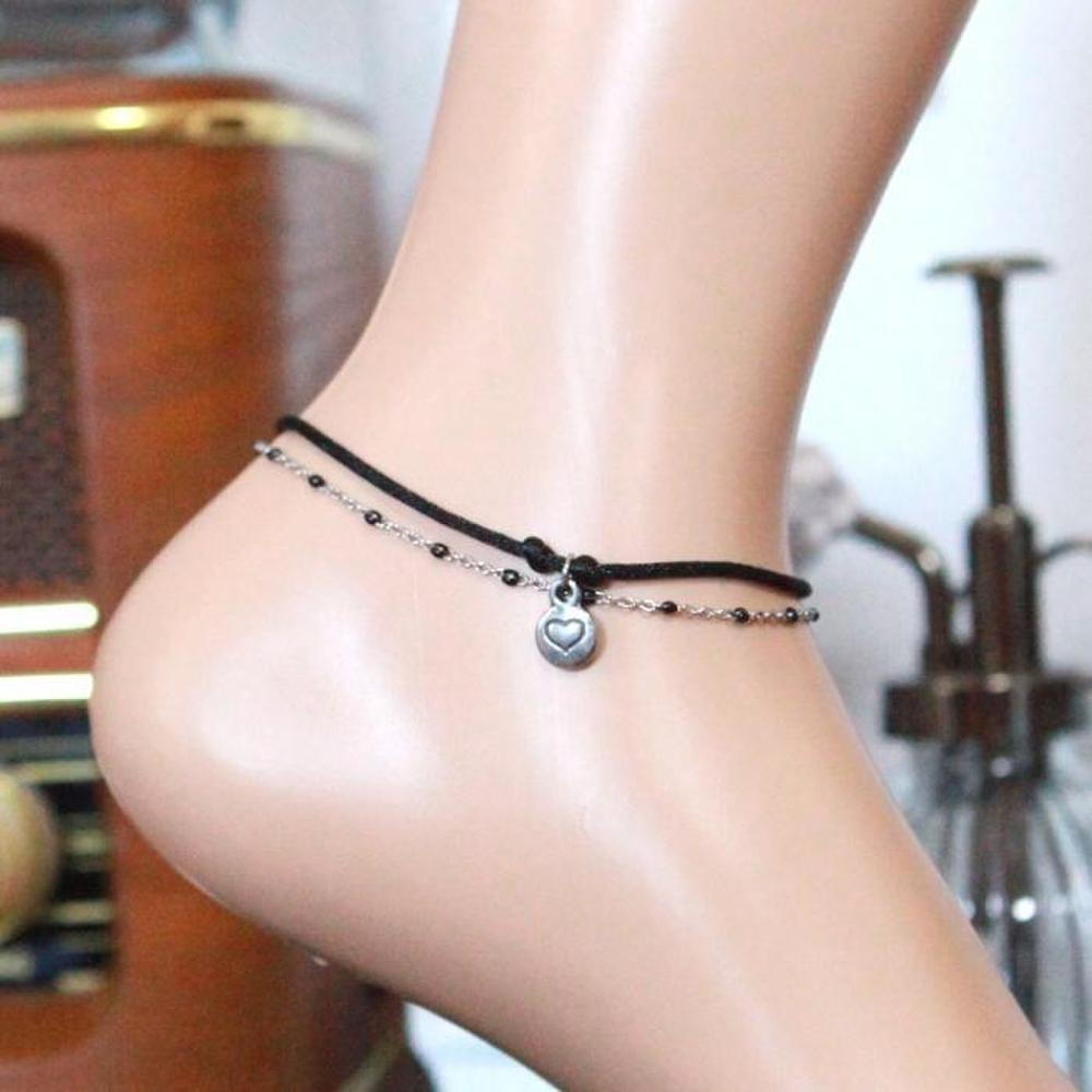 

Black Knot Chain Double-Line Heart Coin Surgical Steel Bracelet Anklet (S8554127) Anklet L