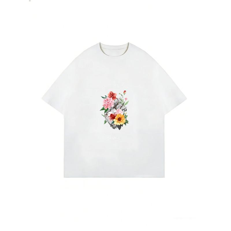 T-Shirt mit Blumendruck Weißes Rosen-Sonnenblumen- und Blätterdesign für Freizeitkleidung